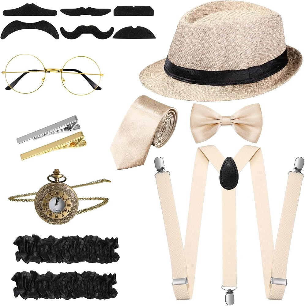 1920s Old Men Costume Roaring Retro Accessories Set Gangster Hat Bow Tie Pocket Watch Suspender G... | Amazon (US)