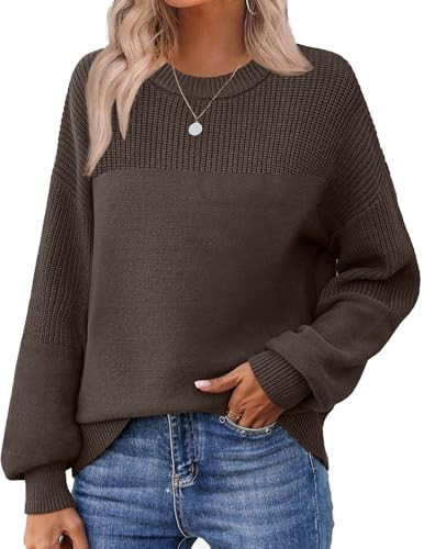 Zeagoo Knitted Sweaters for Women Dressy 2025 Fall Crewneck Long Sleeve Oversized Pullover Sweaters Casual Knit Jumper Tops Brown | Amazon (US)