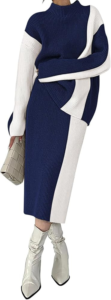 Pink Queen Women's 2 Piece Outfits 2025 Fall Winter Sweater Skirt Set Long Sleeve Oversized Top H... | Amazon (US)