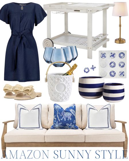 outdoor entertaining, navy linen dress, outdoor couch, outdoor furniture, raffia bow slides, outdoor pillows, garden stool, grandmillennial home, grandmillennial style, coastal home, coastal style

#LTKstyletip #LTKhome