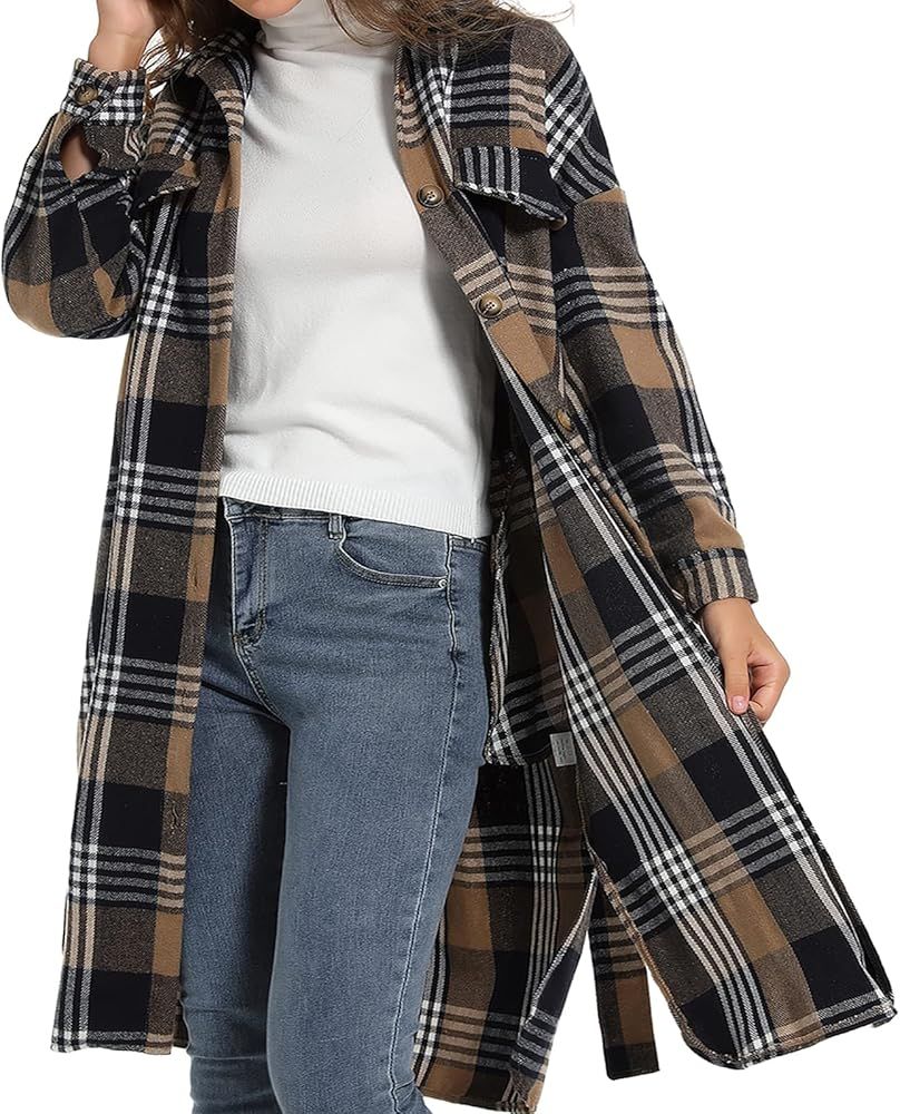 Women's Lounge Lapel Button Up Long Sleeve Plaid Long Shirt Jacket Shacket Autumn and Winter Loos... | Amazon (US)