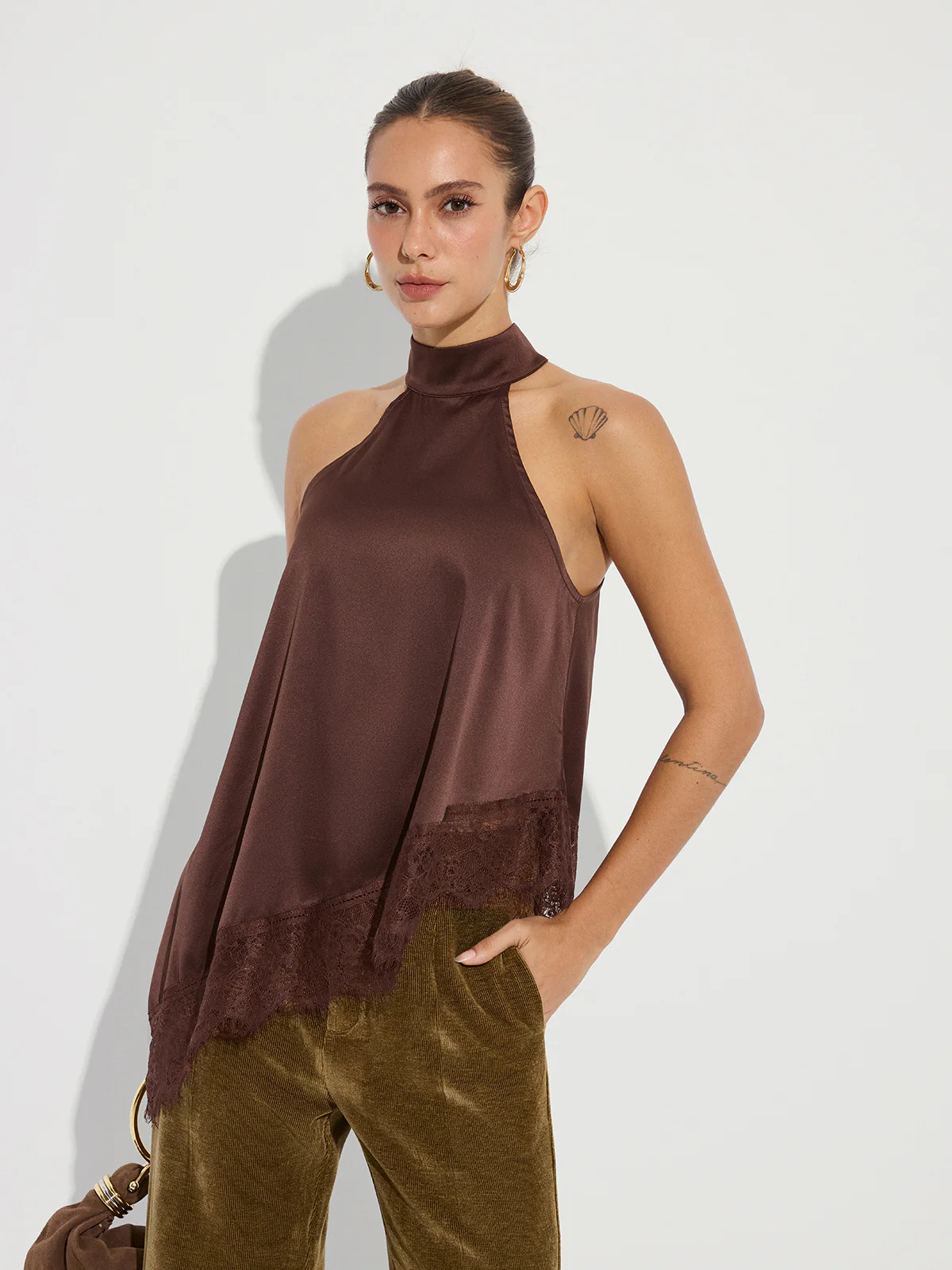 Asymmetric Lace Hem Satin Halter Top | Commense