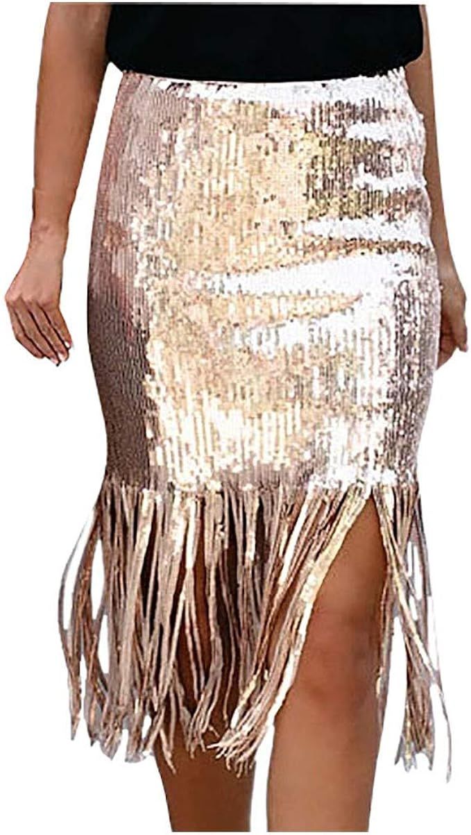 VEZAD Store Women Sequined Tassels High Waist Fringe Skirt Bag Hip Mid-Calf Pencil Skirts | Amazon (US)
