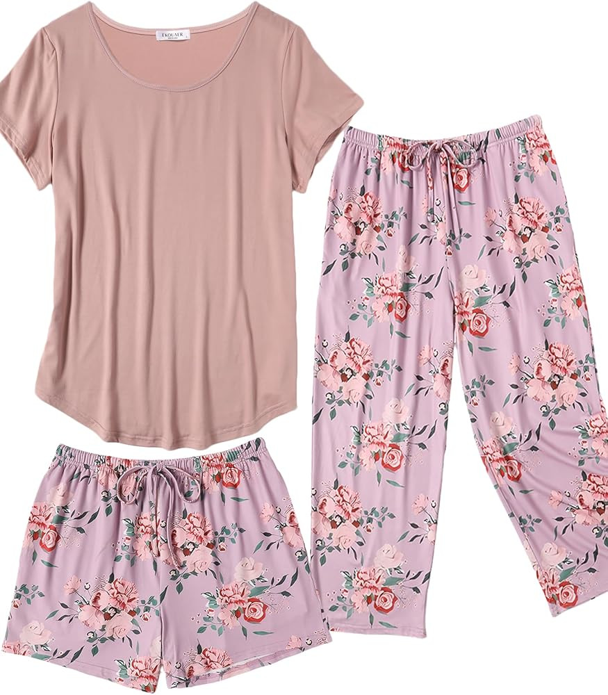 Ekouaer 3 PCS Capri Pajamas for Women Set Short Sleeve Pajama Sets Floral Pj Sets Soft Sleepwear ... | Amazon (US)