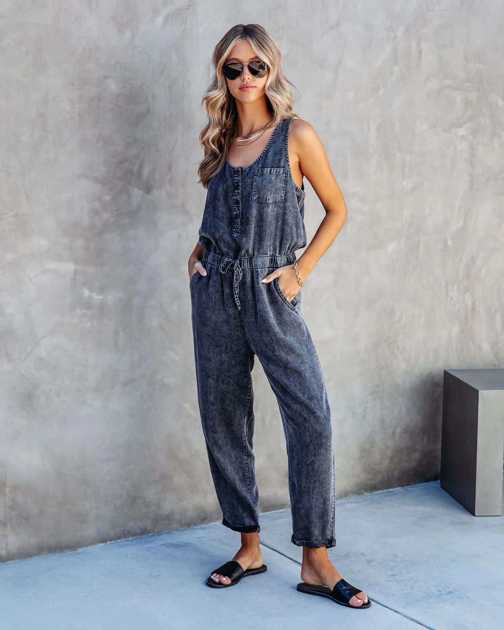 Courtney Tencel Pocketed Jumpsuit - Charcoal Acid Wash | VICI Collection