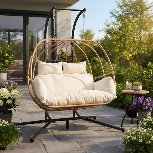 DAYAOUTDOOR Double Egg Swing Chair with Stand, Oversized Egg Chair Outdoor Indoor, Hanging Swing Chairs with Cushions, Extra Large 2-Person Swing Chairs for Balcony, Porch, Garden, Beige | Amazon (US)