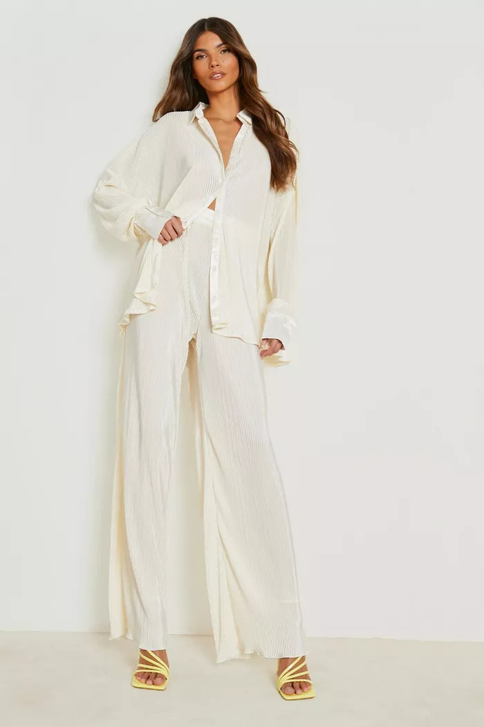 Premium Plisse Flared Hem Trousers | Boohoo.com (UK & IE)