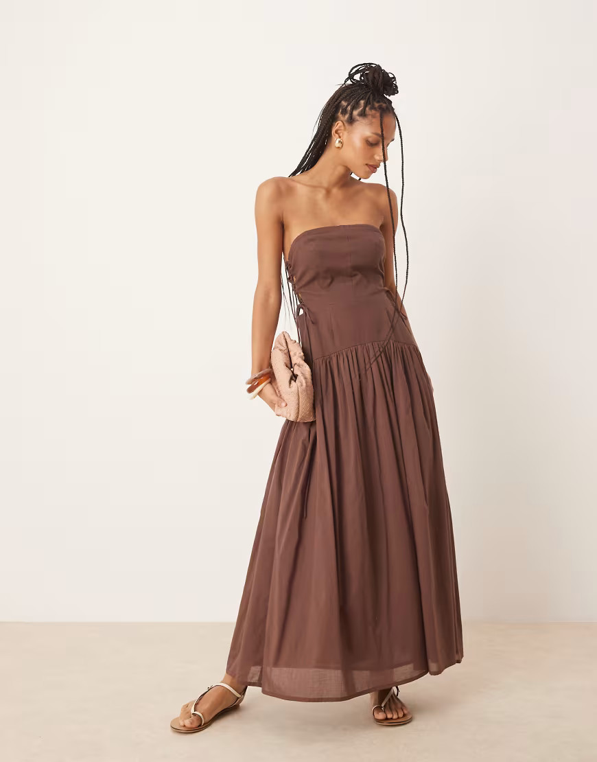 ASOS DESIGN dropped waist bandeau maxi dress with lace up side in chocolate-Brown | ASOS (Global)