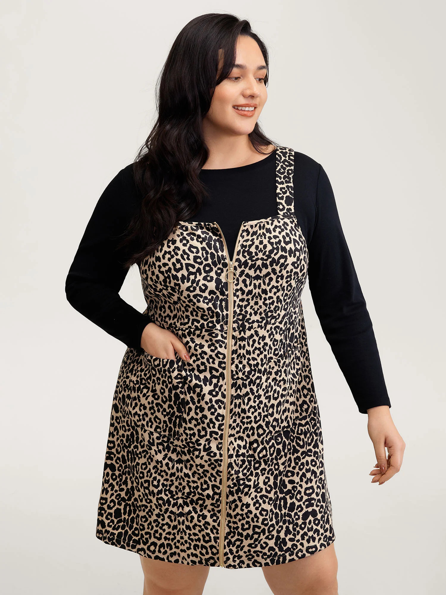 Leopard Print Zipper Front Knee-Length Dress | Bloomchic