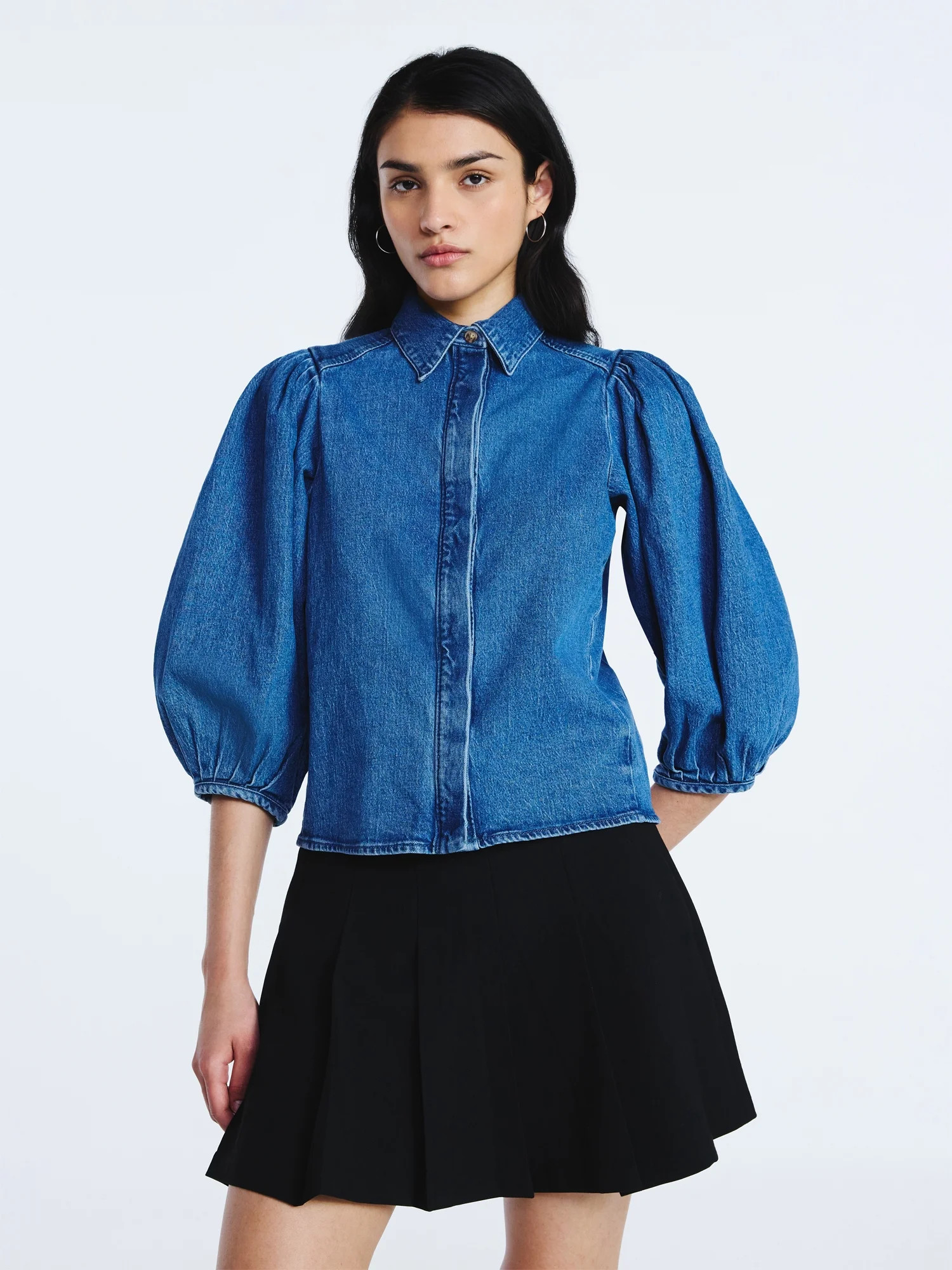 Scoop Women’s Denim Shirt with 3/4 Length Puff Sleeves, Sizes XS-XXL | Walmart (US)