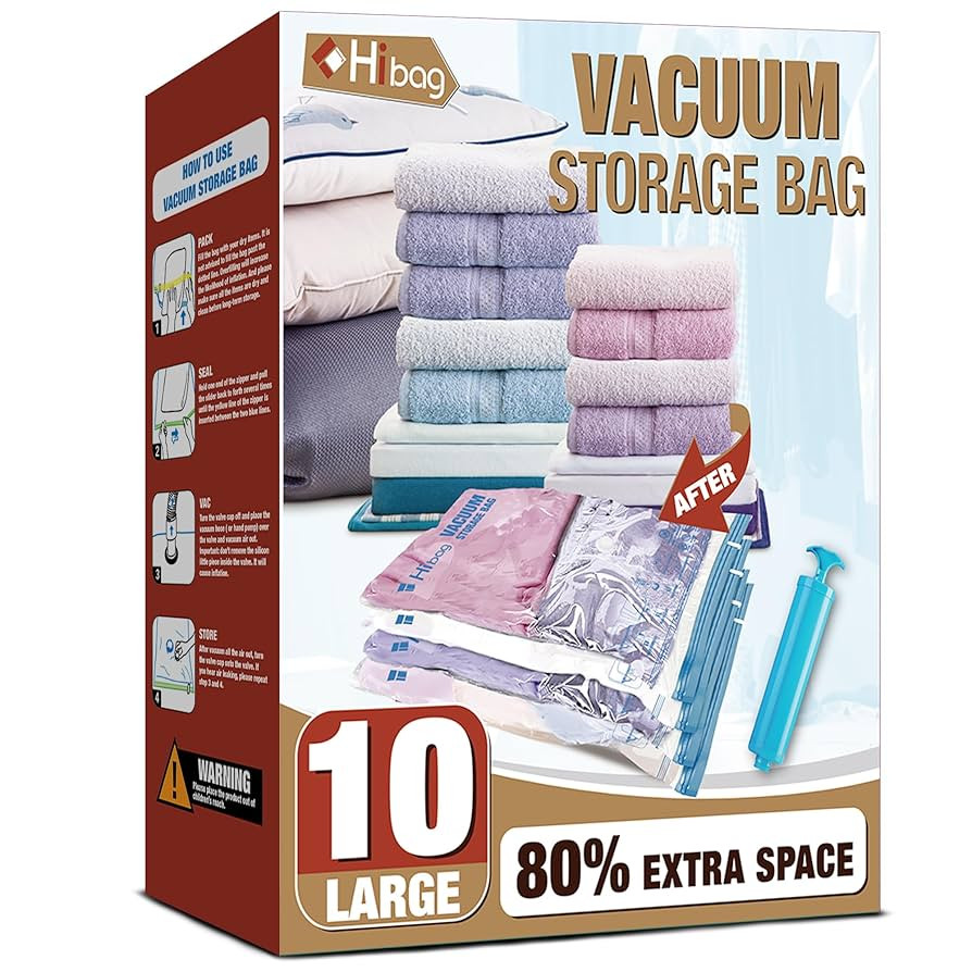 HIBAG Vacuum Storage Bags, 10 Large Space Saver Vacuum Seal Bags, Nylon & Polyethylene (PE) Mater... | Amazon (US)