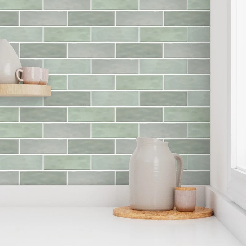 Subway Tile Wallpaper, Faux Tile Wallpaper, Green Tile Wallpaper, Feature Wallpaper, Peel and Sti... | Etsy (US)