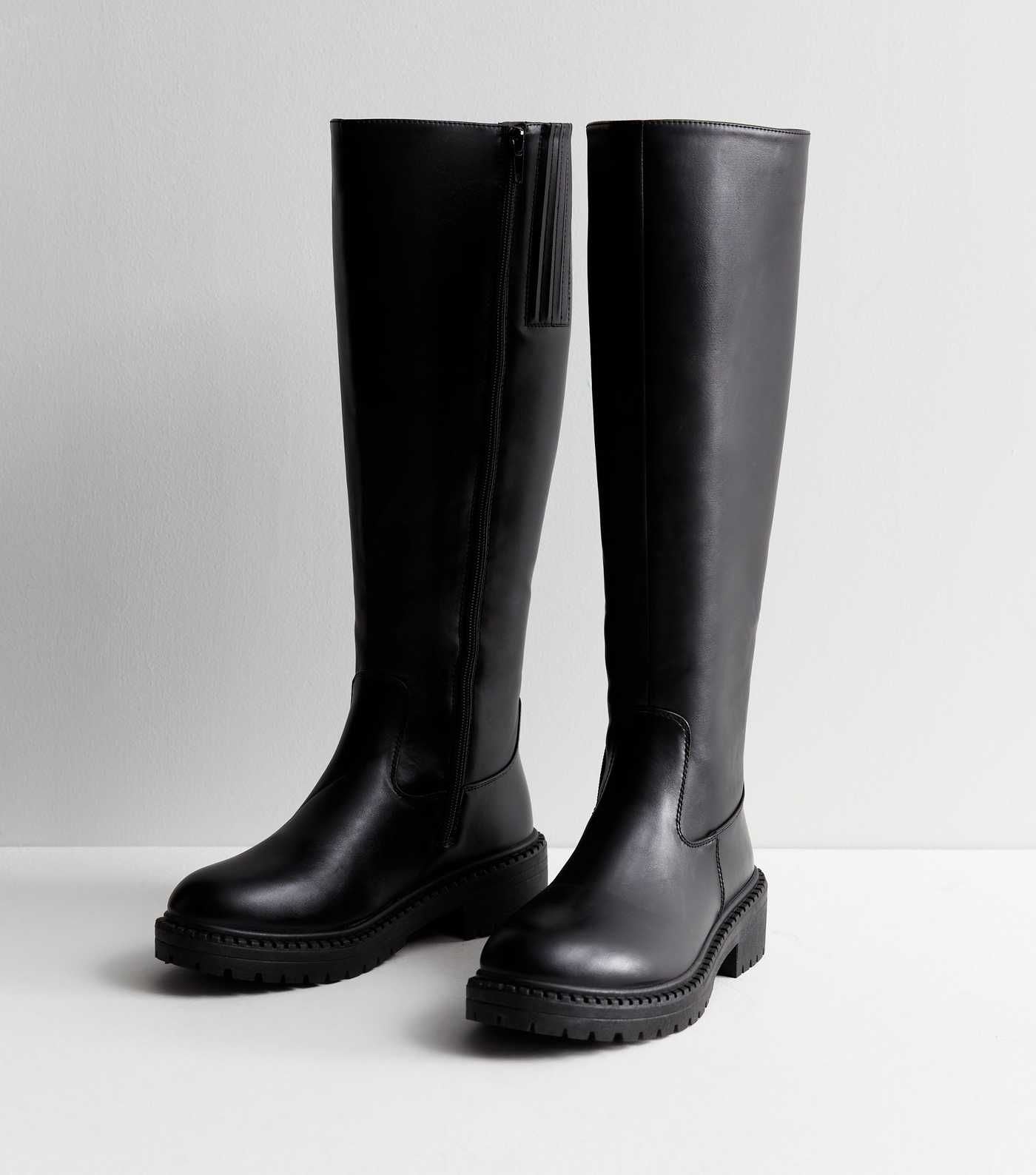 Extra Calf Fit Black Leather-Look Chunky Knee High Boots
						
						Add to Saved Items
						Re... | New Look (UK)
