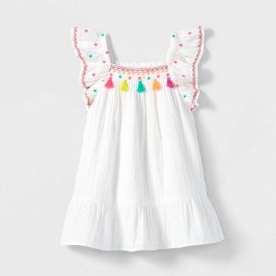 Toddler Girls' Embroidered Pom Ruffle Sleeve Dress - Cat & Jack™ White | Target