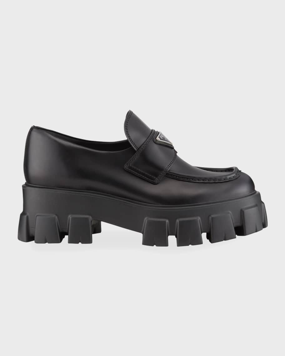 Prada Monolith Leather Logo Platform Loafers | Neiman Marcus