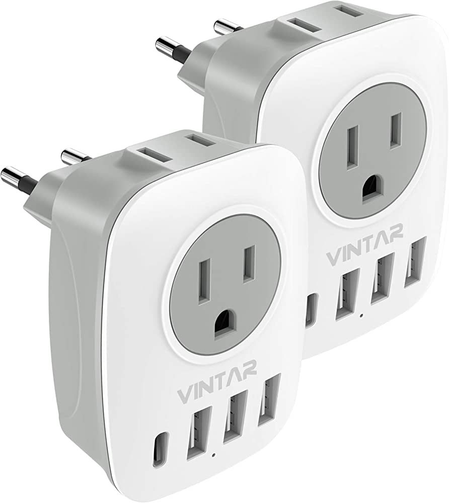 [2-Pack] European Travel Plug Adapter, VINTAR International Power Plug Adapter with 1 USB C, 2 Am... | Amazon (US)