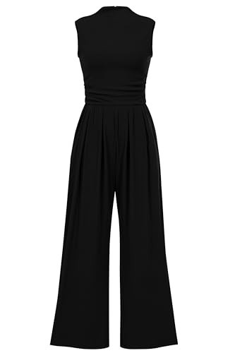 PRETTYGARDEN Womens Summer Jumpsuits Dressy Casual One Piece Outfits Sleeveless Mock Neck Wide Leg Pants Rompers with Pockets (Black,Medium) | Amazon (US)