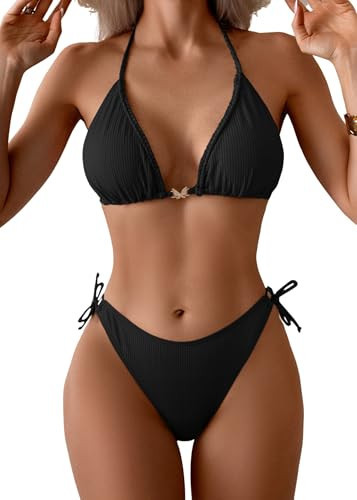 Eomenie Ribbed Bikini Sets for Women Sexy Halter Triangle Top Two Piece Bathing Suit Tie Side Swimsuit Black | Amazon (US)