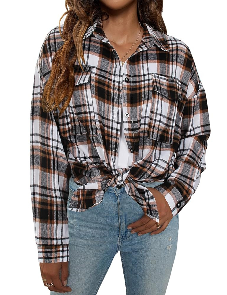 Blooming Jelly Women's Button Down Flannel Shirts Plaid Shacket Long Sleeve Collared Business Cas... | Amazon (US)