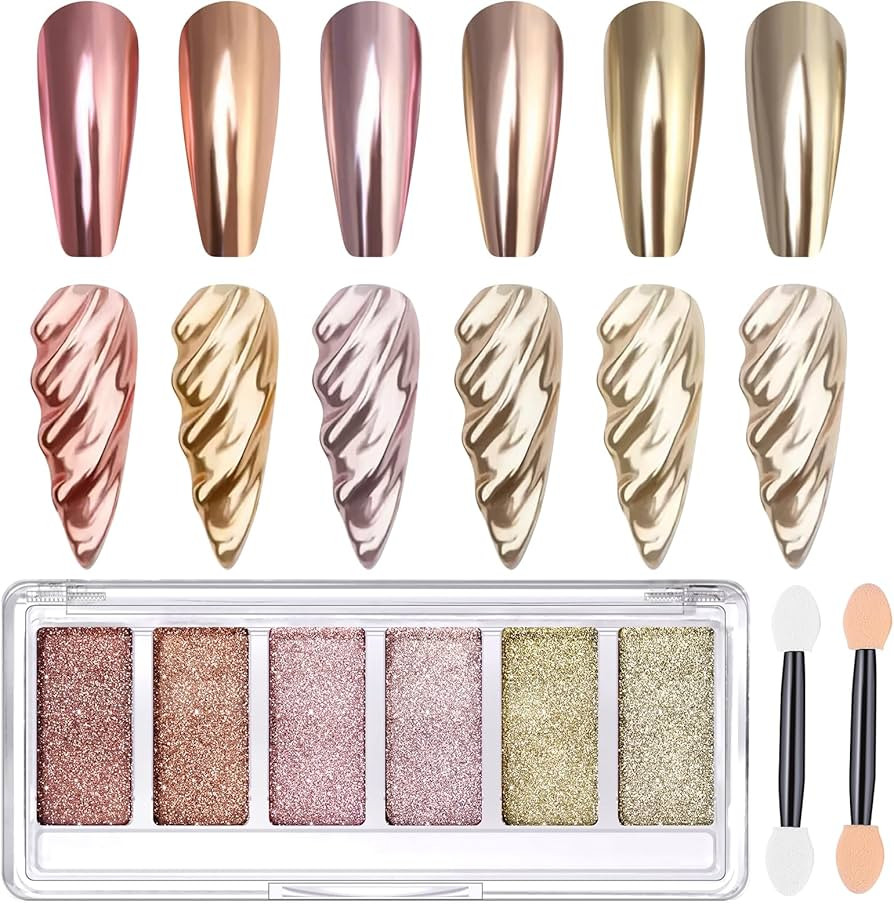 Gold Chrome Nail Powder, DRMODE 6 Colors Metallic Mirror Effect Pink Champagne Nail Chrome Powder... | Amazon (US)