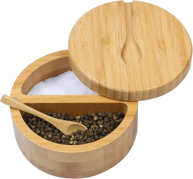 Bamboo Salt and Pepper Bowls by HTB, Divided Salt Cellar With Swivel Lid and Spoon, Seasoning Con... | Amazon (US)