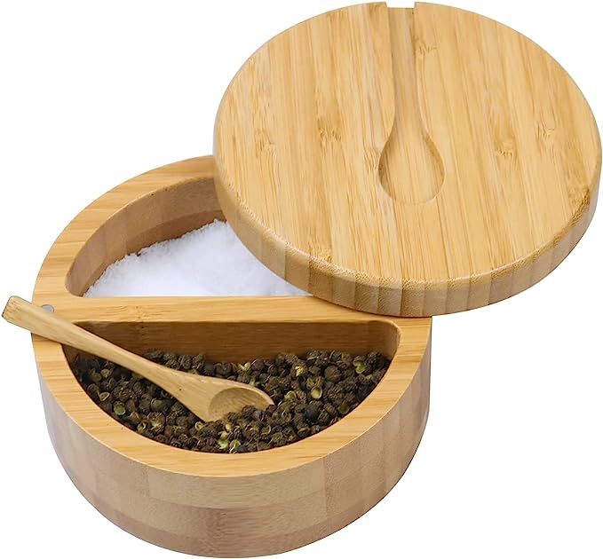 Bamboo Salt and Pepper Bowls by HTB, Divided Salt Cellar With Swivel Lid and Spoon, Seasoning Con... | Amazon (US)