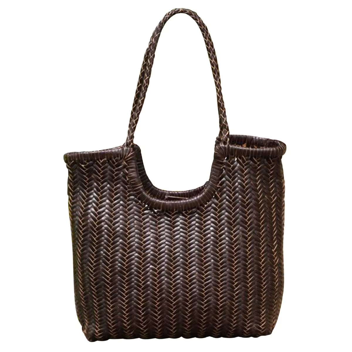 Woven Leather Handbag 'Caterina' - Dark Brown | Wolf & Badger