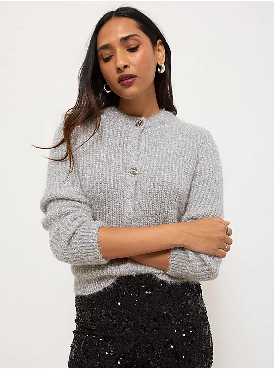 Silver Sparkle Button Through Ribbed Knitted Cardigan | George at ASDA
