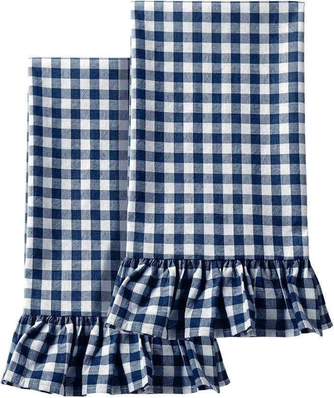 HunnmingRe 2 Pcs Navy Blue Gingham Kitchen Towels Cotton Ruffled | Amazon (US)