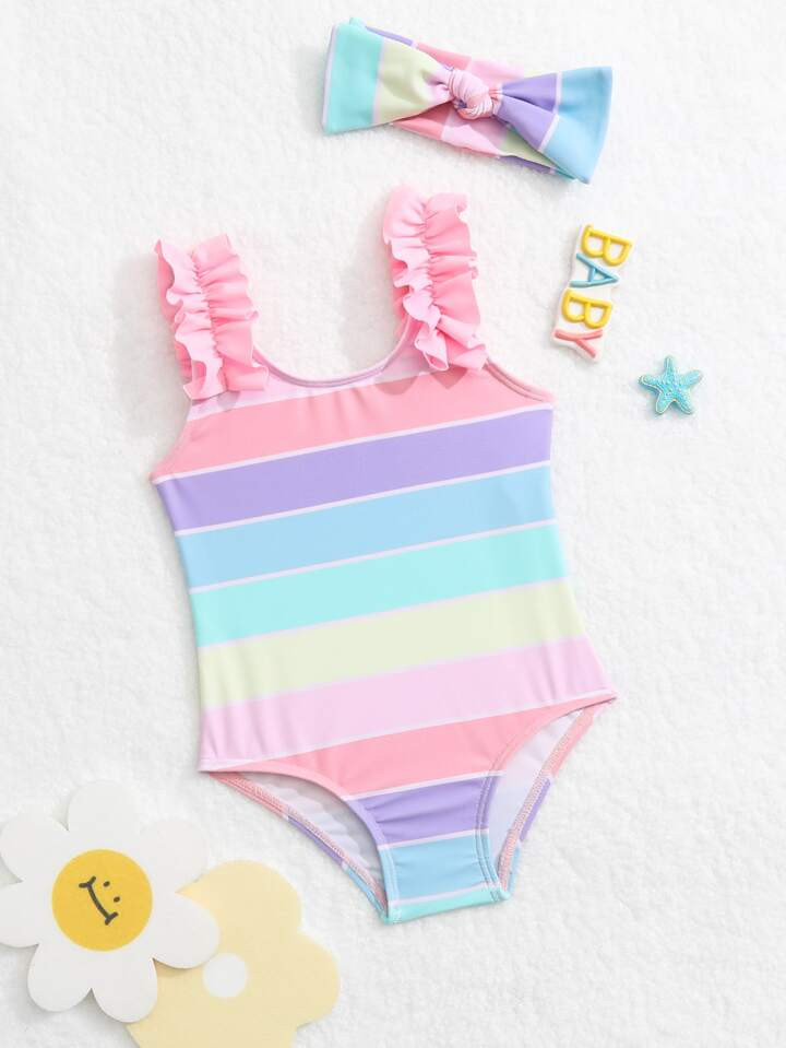 Baby Girl Block Striped Ruffle Trim One Piece Swimsuit With Headband | SHEIN USA | SHEIN
