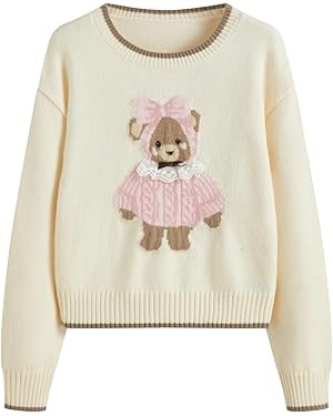 CIDER Women's Fall Sweaters Long Sleeve Cute Sweaters Bear Graphic Crewneck Soft Knit Casual Crop... | Amazon (US)