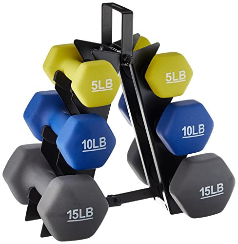 Amazon Basics Neoprene Dumbbell Hand Weights, Rack with 3 Pairs (5, 10, and 15 Pounds), Green/Blue/Grey | Amazon (US)