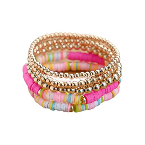 COLORFUL BLING 5Pcs/Pack Bohemia Surfer Gold Beaded Stackable Bracelet Rainbow Vinyl Disc Beaded Stretch Bracelets Friendship Boho Summer Beach Jewelry-rose pink | Amazon (US)