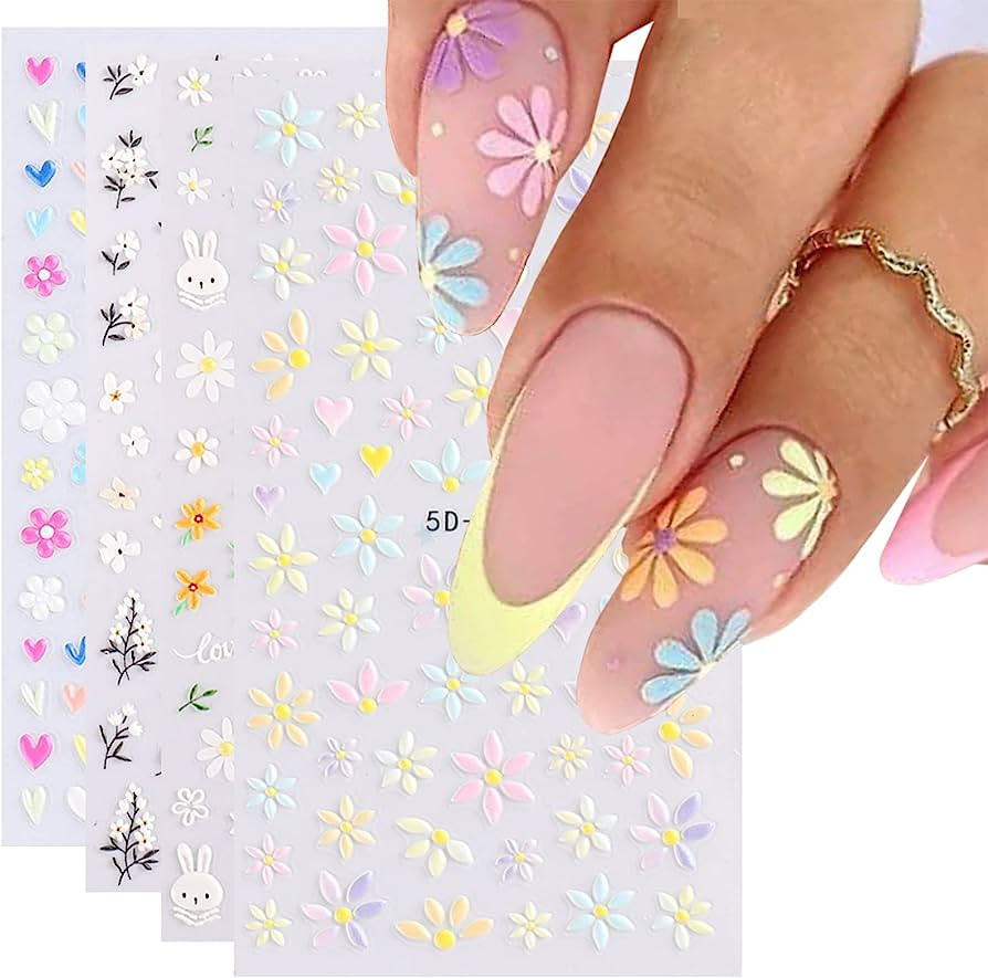 YOSOMK Flower Nail Art Stickers 5D Embossed Nail Decals Spring Daisy Nail Art Design Self Adhesiv... | Amazon (US)