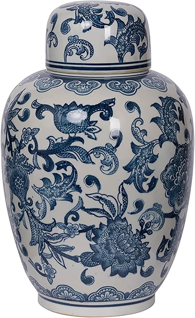 A&B Home 13" Blue & White Porcelain Vase Ceramic Flower Pattern Ginger Jar with Lid Home Decor | Amazon (US)