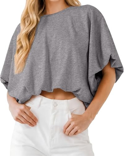 Women's Bubble Hem Crop Tops Summer Short Sleeve Crewneck Loose Fit Casual Cropped T Shirts Soft Cotton Blend Tee Tops(Grey,L) | Amazon (US)