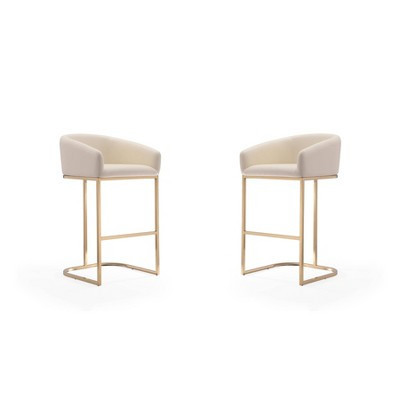 Set of 2 Louvre Upholstered Stainless Steel Barstools Cream: Gold Base, Faux Leather, No Assembly - Manhattan Comfort | Target