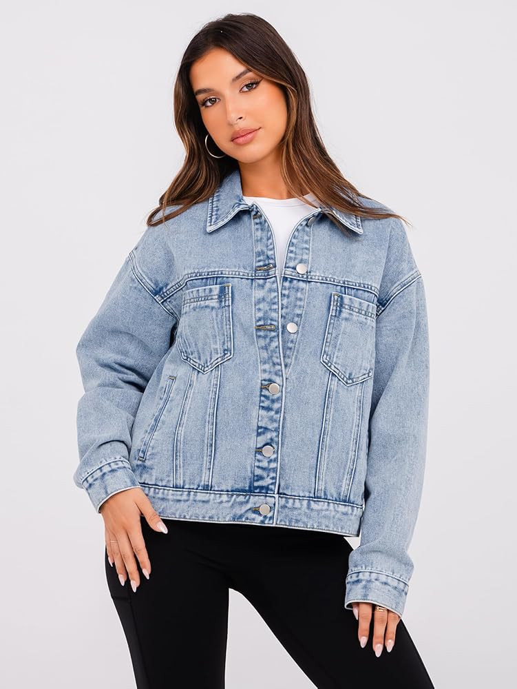 Glamaker Womens Oversized Jean Jacket Casual Long Sleeve Button Down Denim Jacket Fall Coat | Amazon (US)