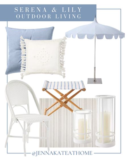 Serena and Lily outdoor living with throw pillows, outdoor umbrellas, bench, wicker chairs, area rug, and hurricane candleholders, coastal style home decor for your outdoor patio

#LTKFamily #LTKHome #LTKSeasonal