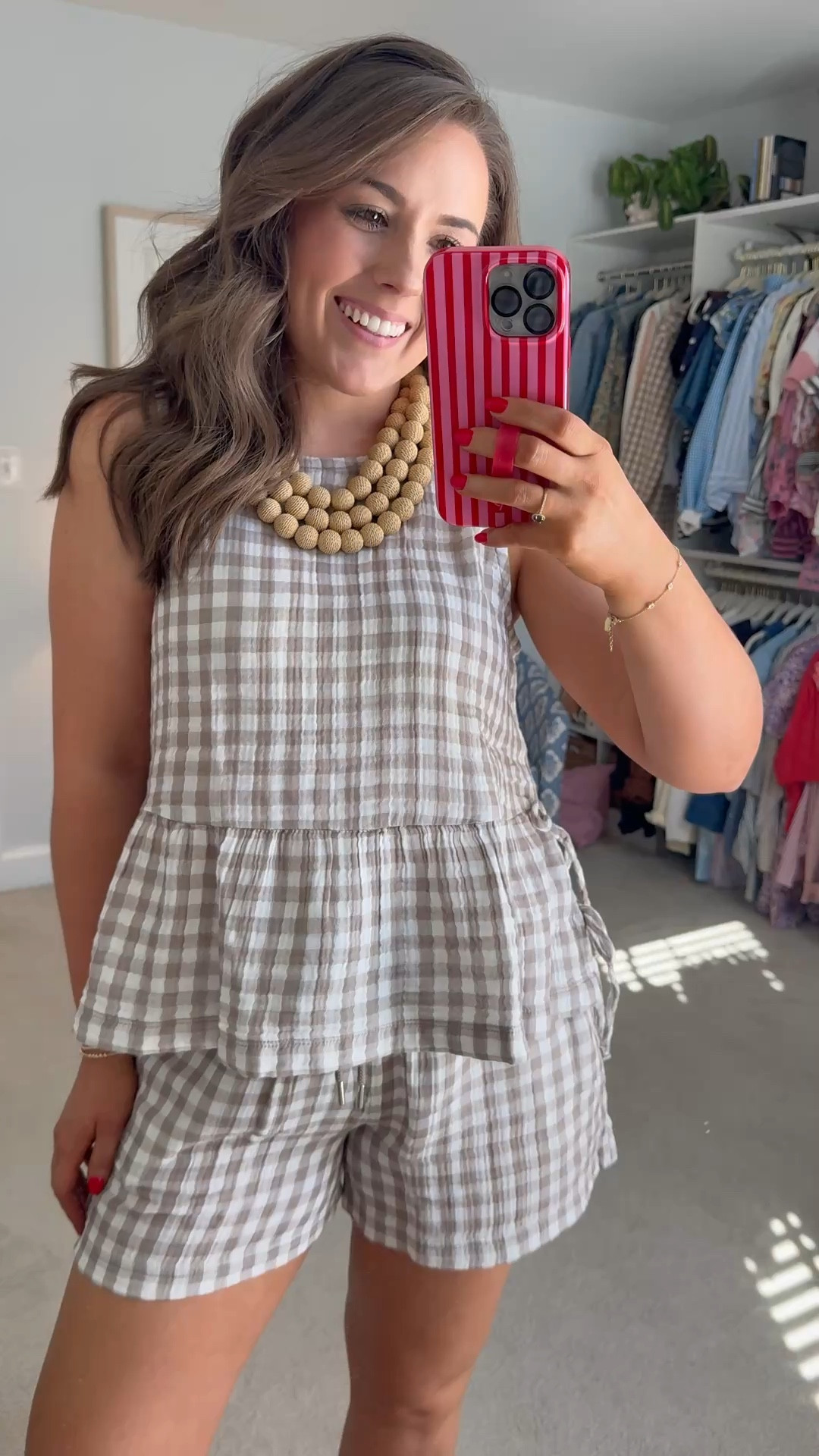 Wearing a medium in the top and a large in the bottom. If in between sizes, size down in both.