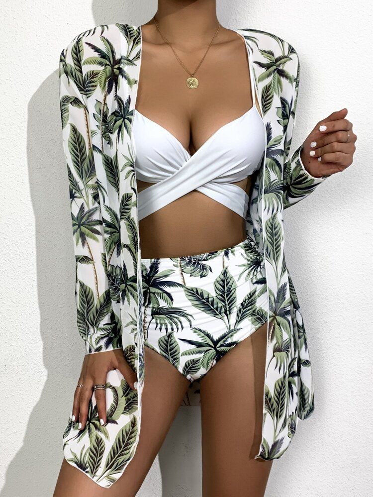 3pack Plant Print Twist Push Up Bikini Swimsuit & Kimono | SHEIN