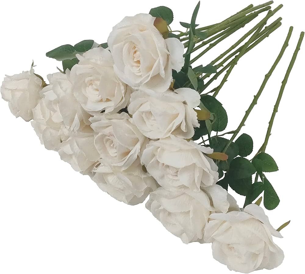 ATFL Withe Roses,12 Pcs White Flowers,Fake Roses Artificial Flowers Bulk,Silk Rose Flowers,Artifi... | Amazon (US)