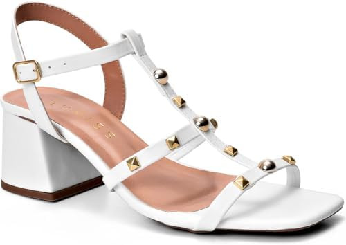 Sandália Feminina Bico Quadrado Salto Baixo Bloco Confortável Tachas | Amazon (BR)