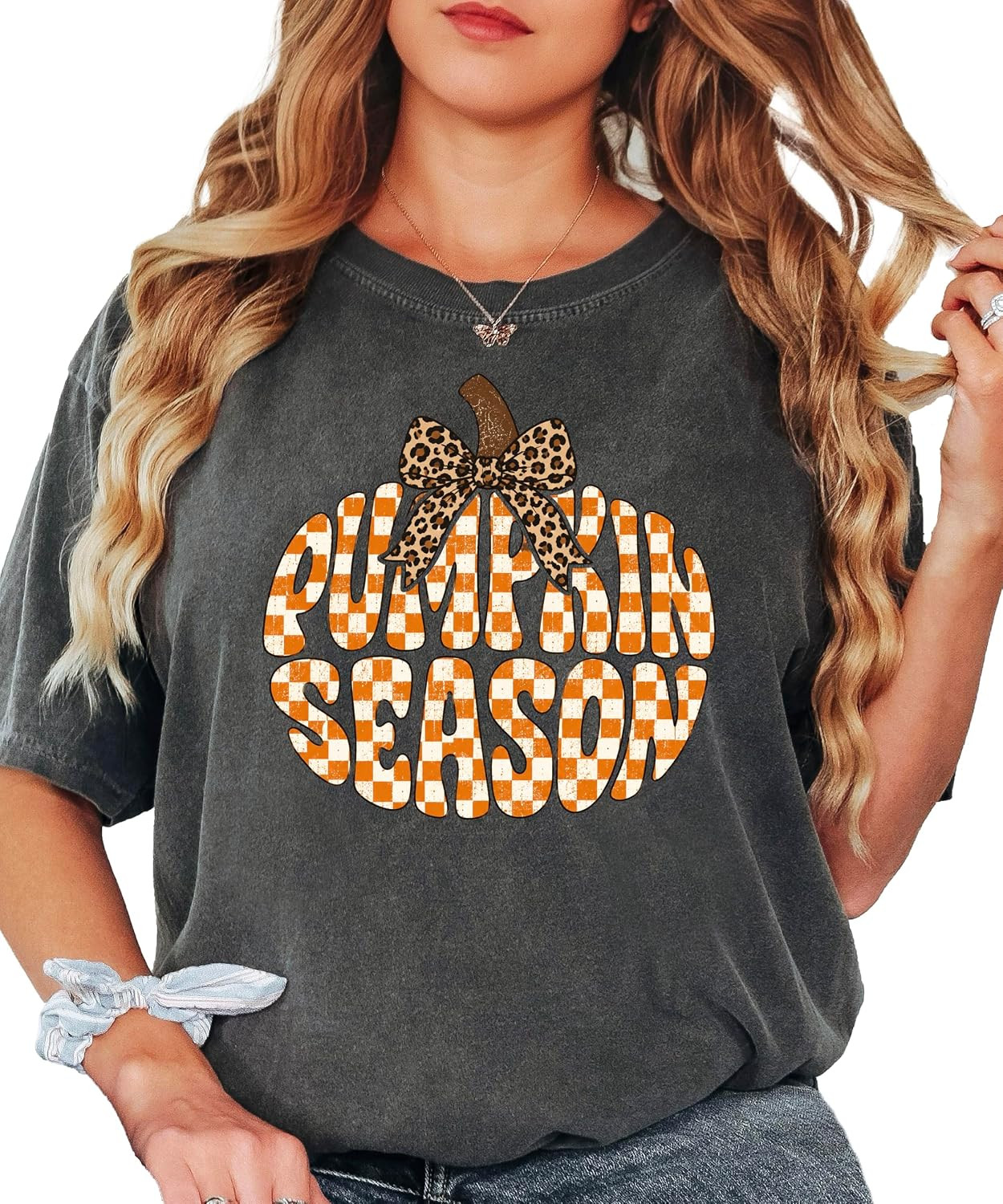 Pumpkin Season Shirt for Women and Teen Girls Retro Checkered Fall Tee with Leopard Bow | Amazon (US)