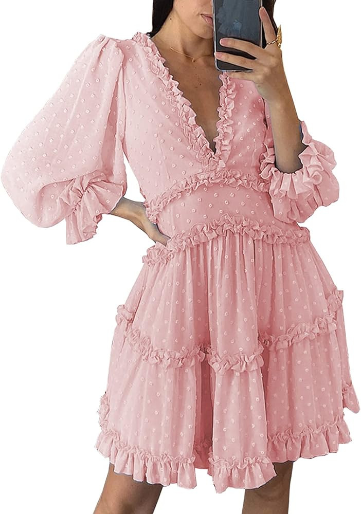 Happy Sailed Women Long Sleeve Ruffle Layer Backless Swing Mini Dress S-XL | Amazon (US)