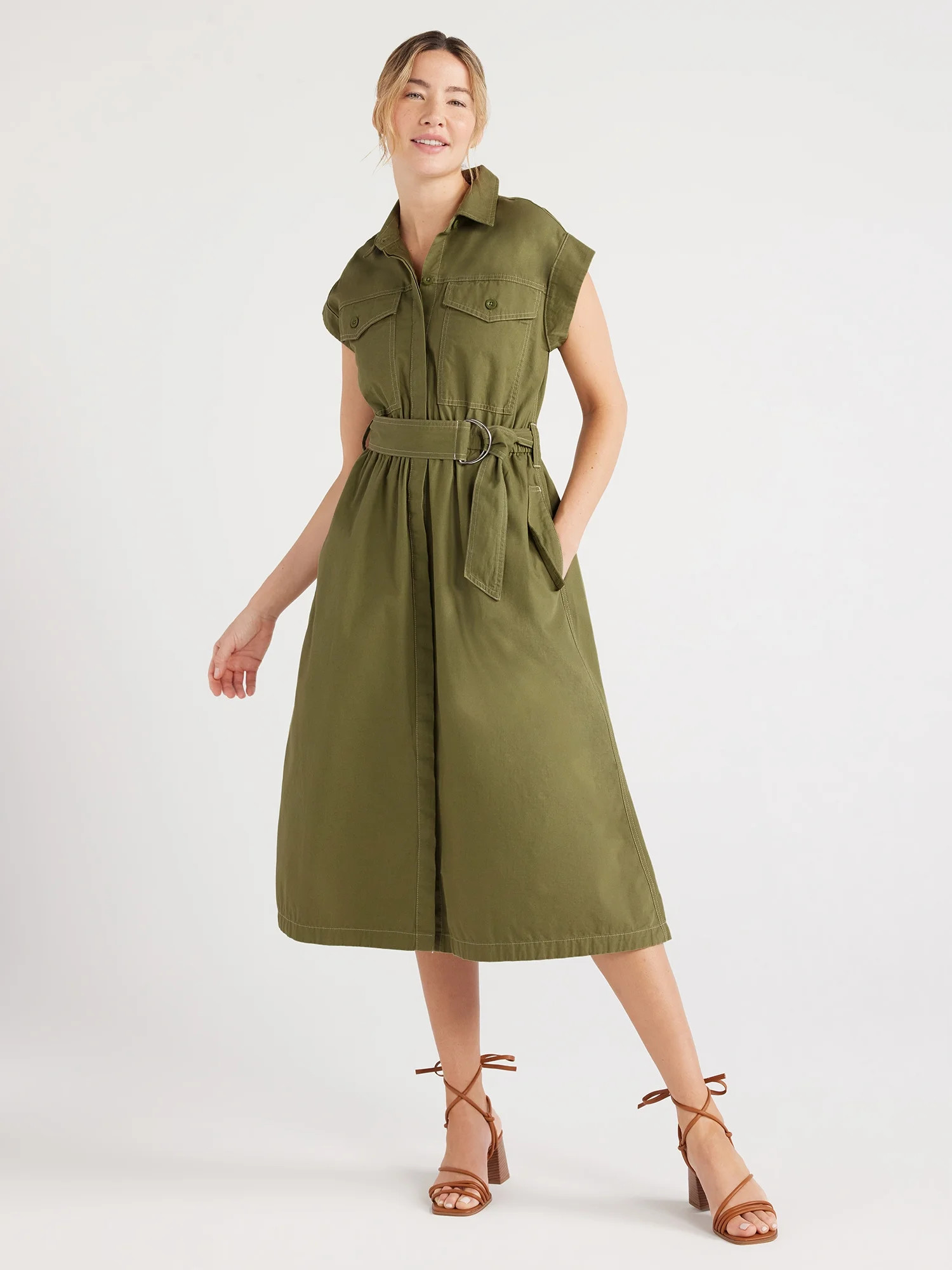 Free Assembly Women's Belted Utility Midi Dress, Sizes XS-XXL | Walmart (US)