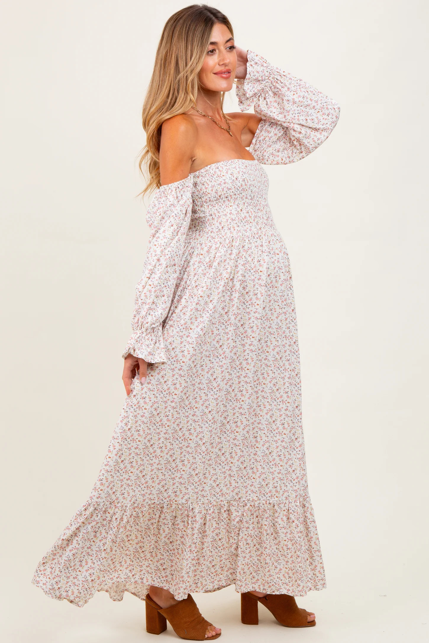 Cream Floral Smocked Off Shoulder Maternity Maxi Dress | PinkBlush Maternity