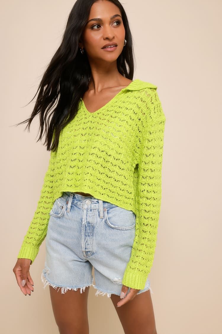 Adorable Enthusiasm Green Pointelle Collared Cropped Sweater | Lulus