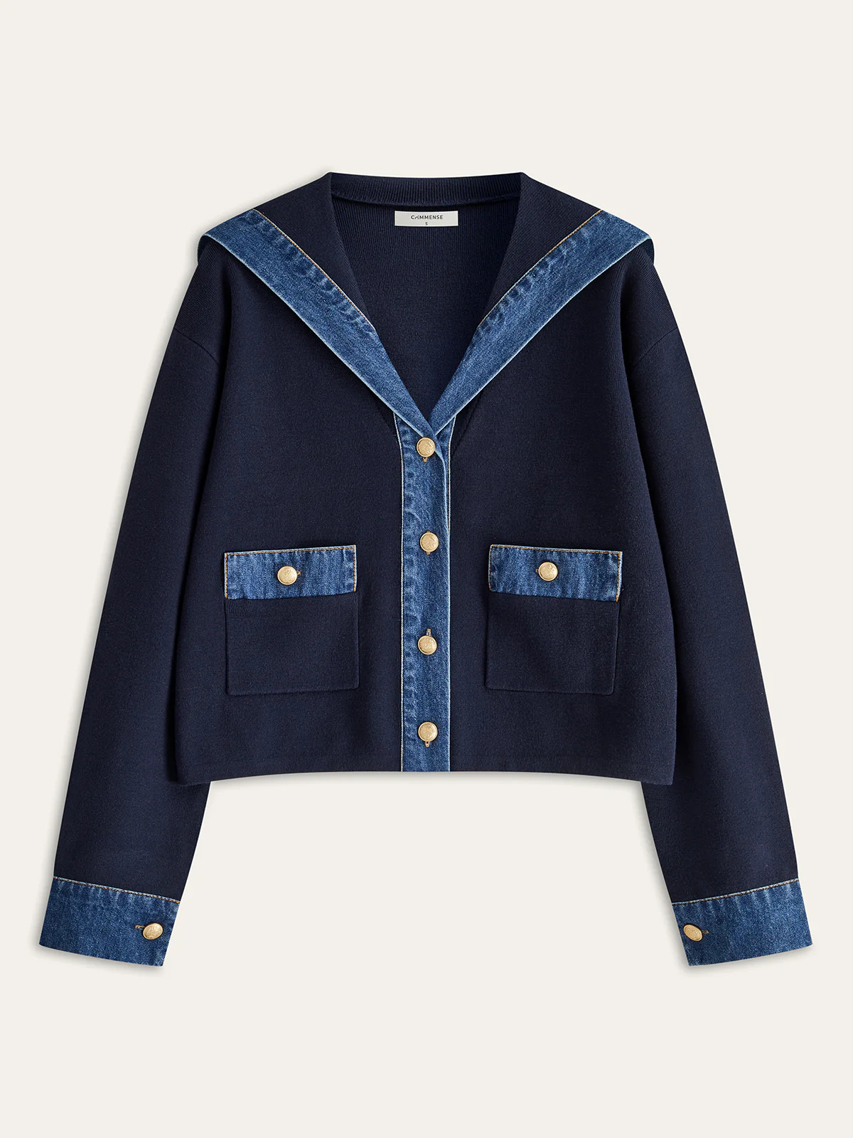 Sailor Collar Denim Trim Knit Outerwear | Commense