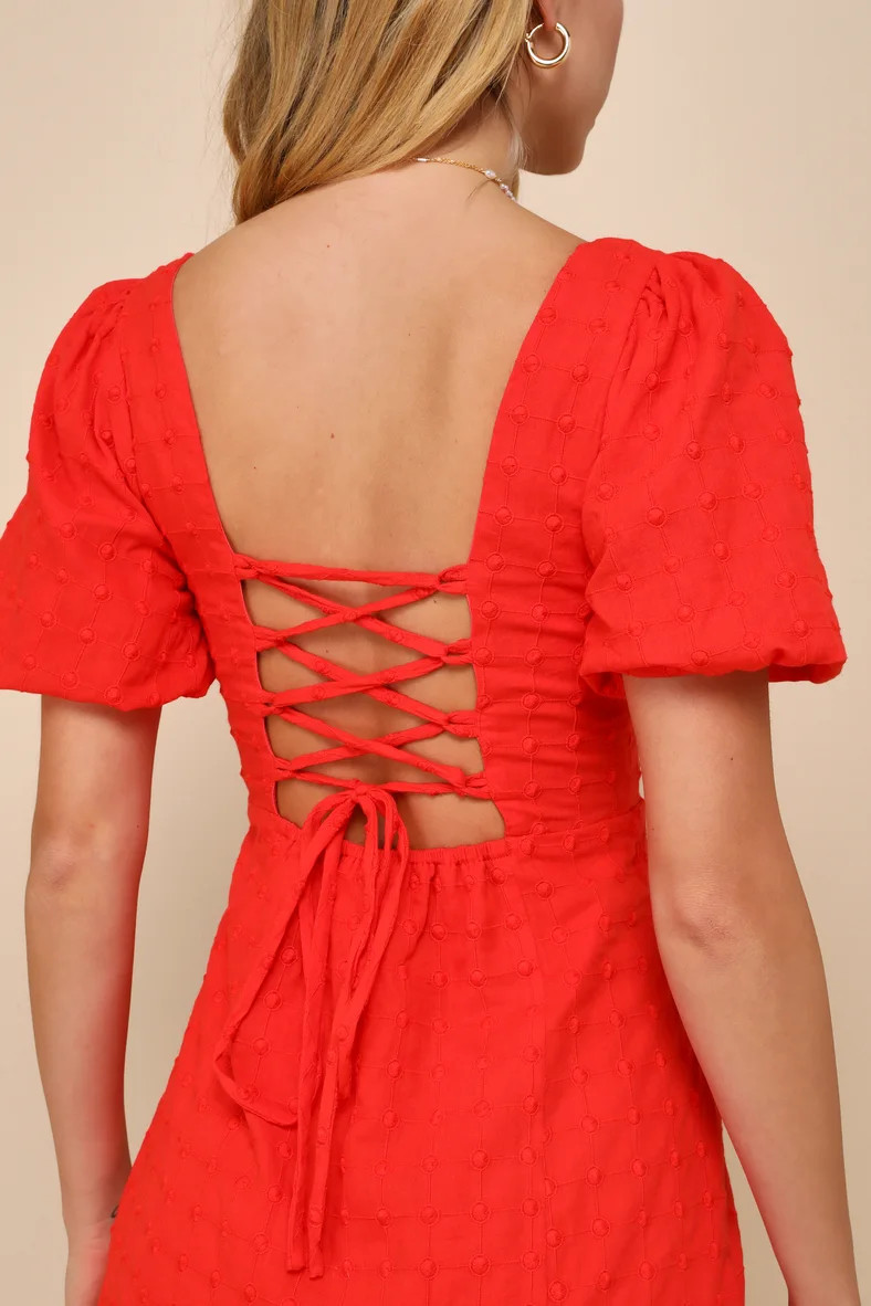 Summer in Sicily Red Embroidered Lace-Up Mini Dress | Lulus